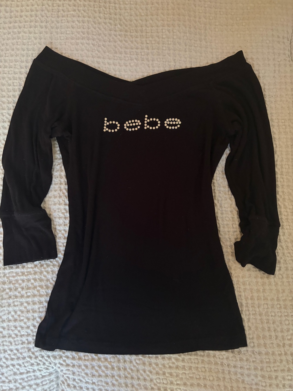 Authentic Y2K bebe Black Off-Shoulder Rhinestone Logo Top